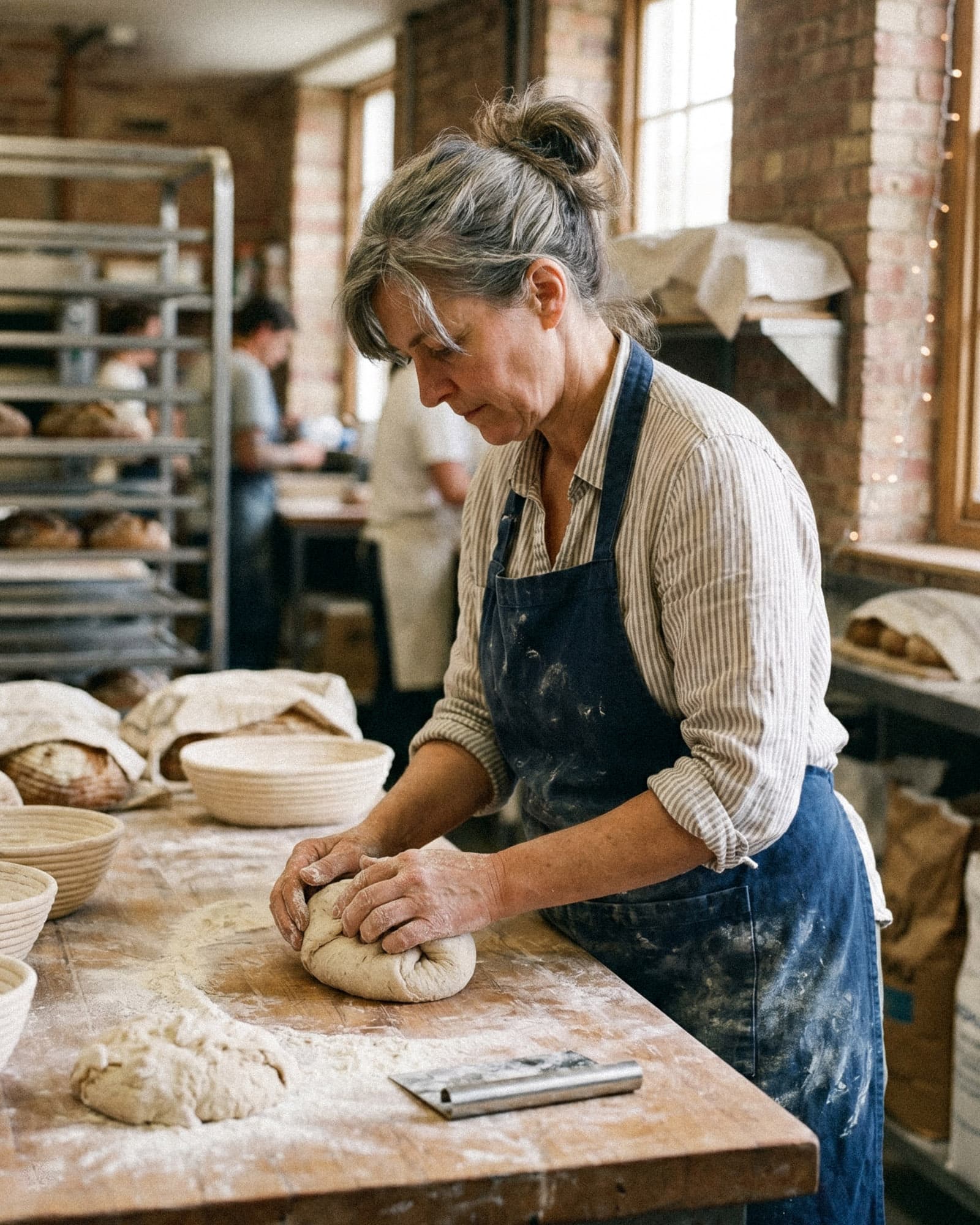 A baker shapes a loaf of sourdough on a floured wooden bench in an independent bakery at first light.