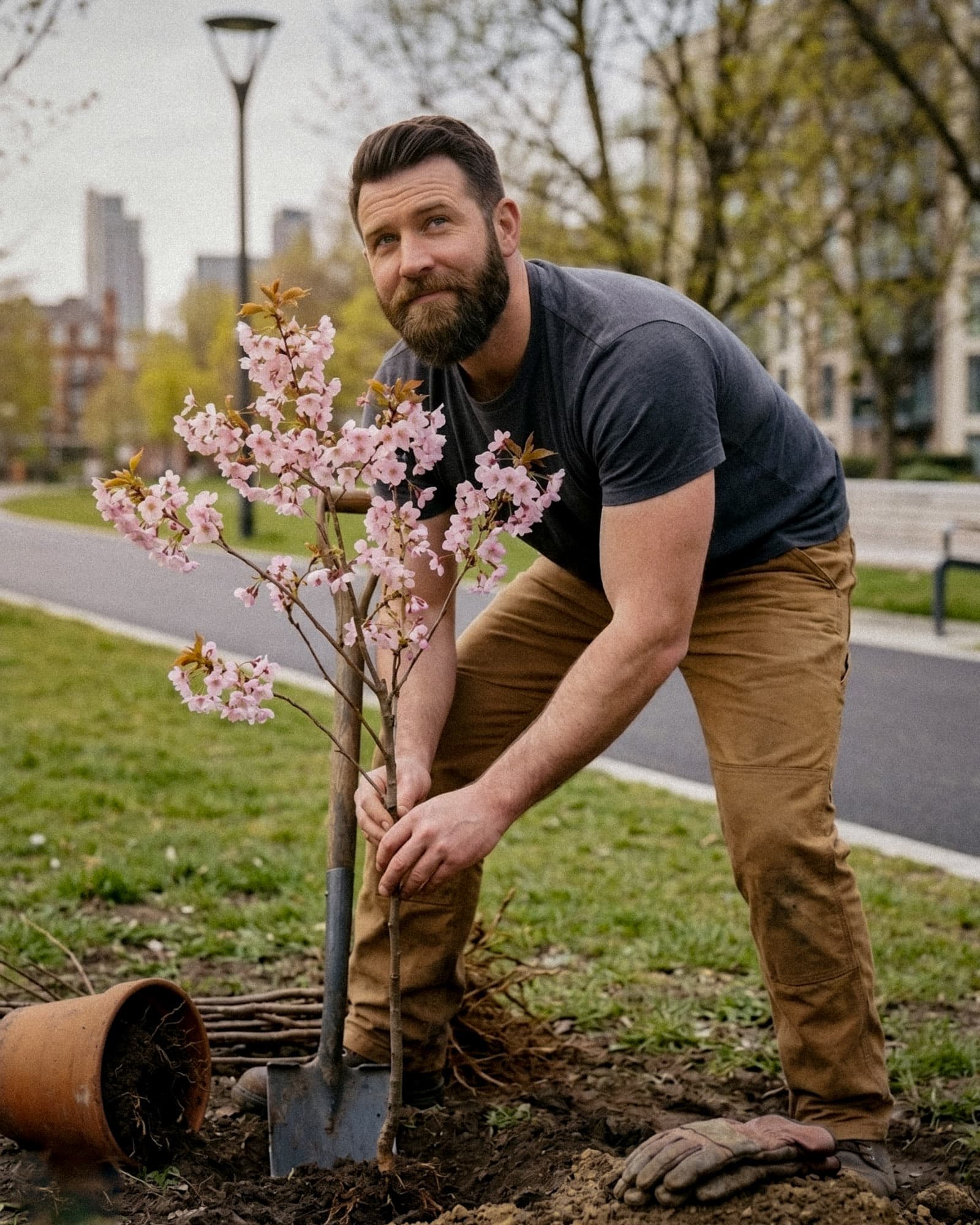 A volunteer presses a spade into the soil beside a young sapling, in a small urban community tree-planting site.