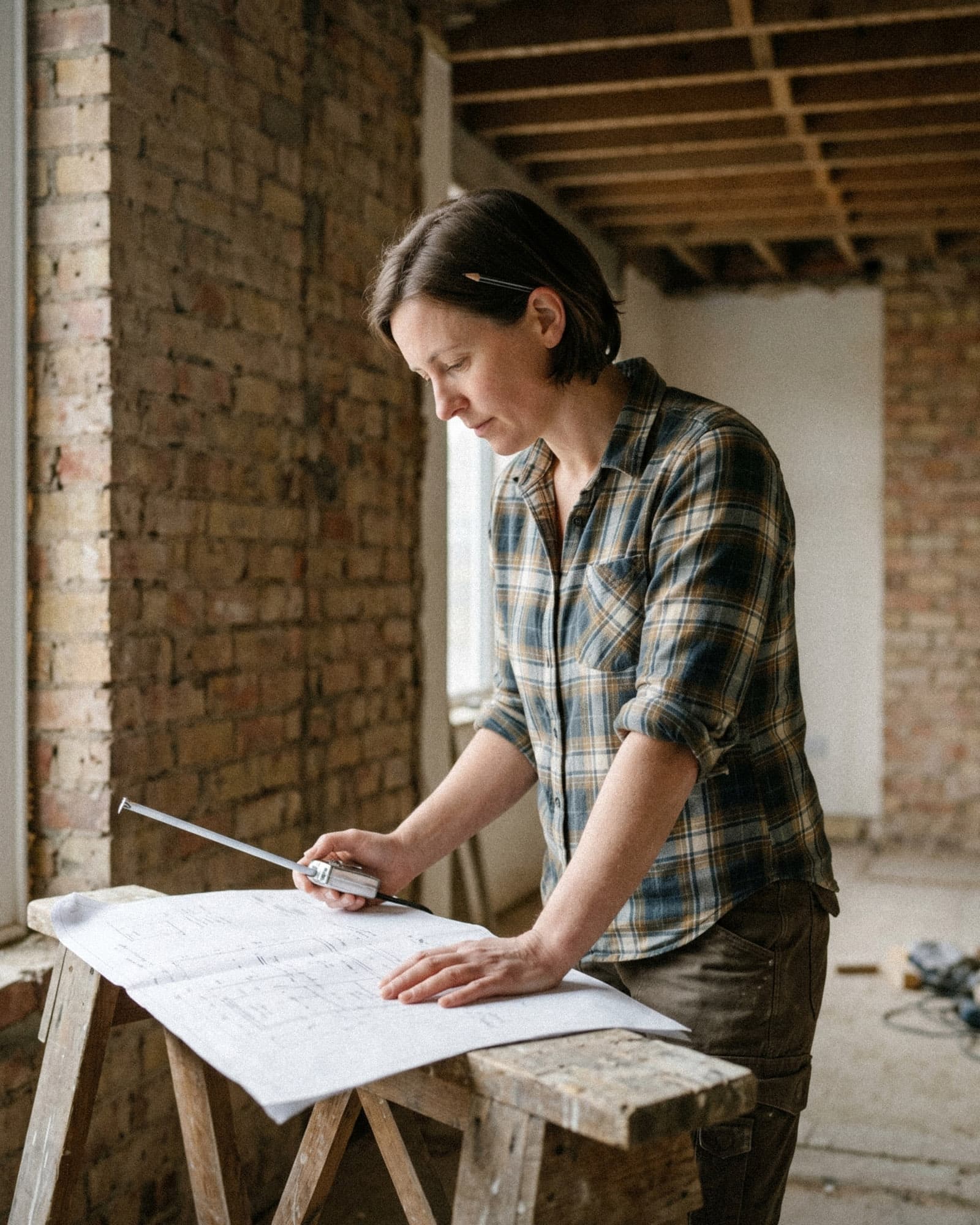 A builder leans over architect's plans spread on a sawhorse, tape measure in hand, in a renovation space stripped back to brick and joists.