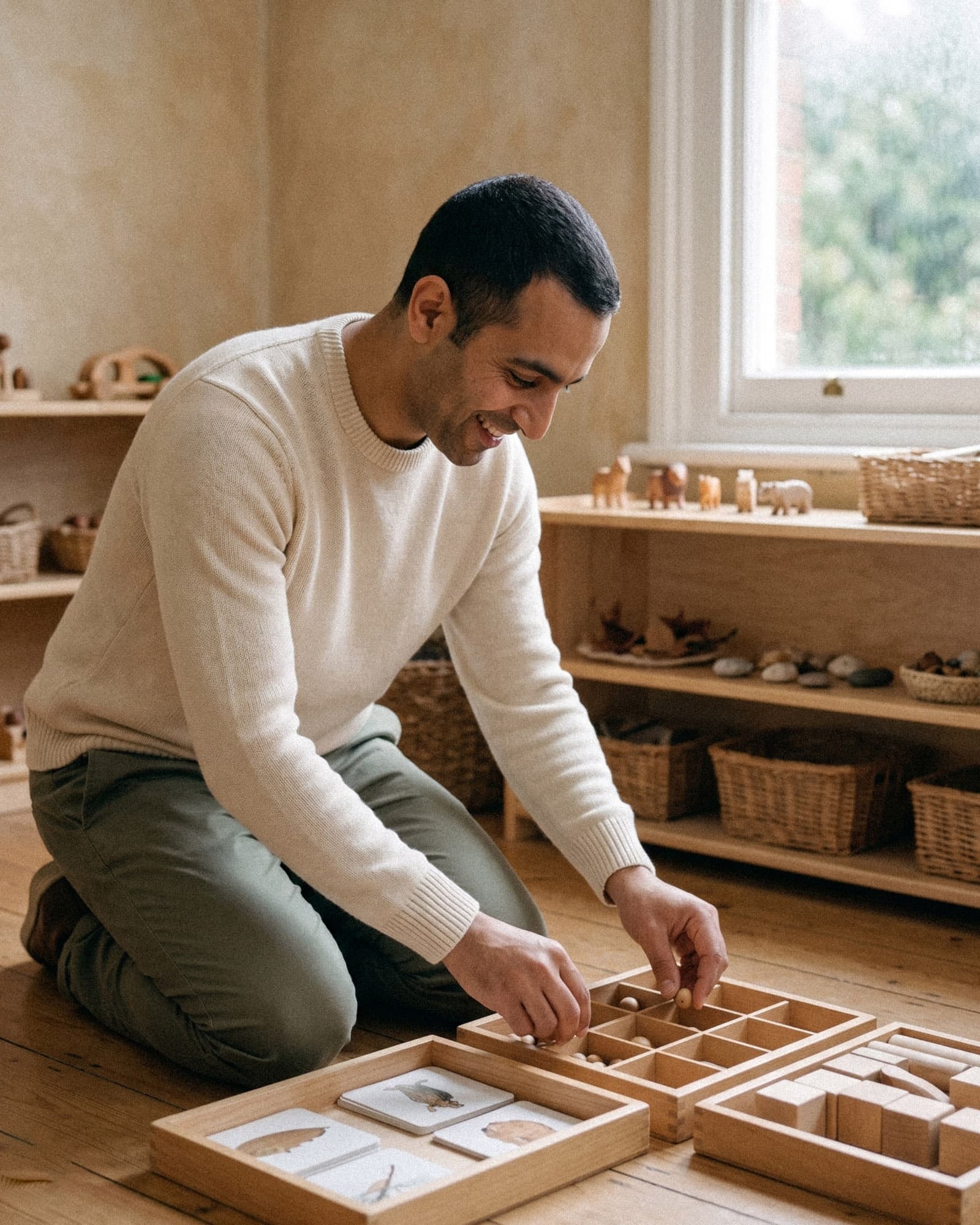 An early-years educator kneels on a classroom floor, placing wooden blocks and materials into shallow trays.