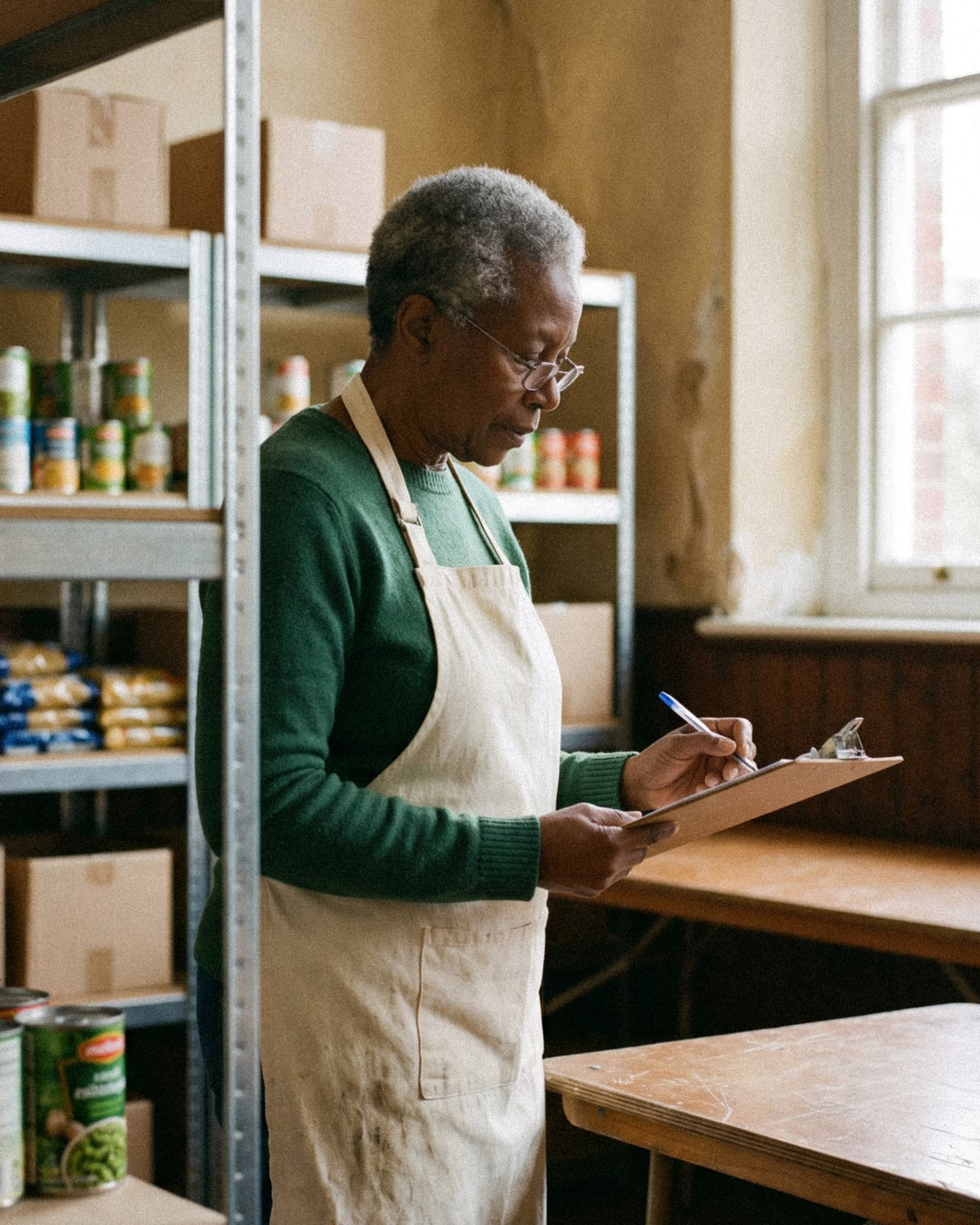 A volunteer checks an intake list against shelves of tinned goods in a repurposed community hall.