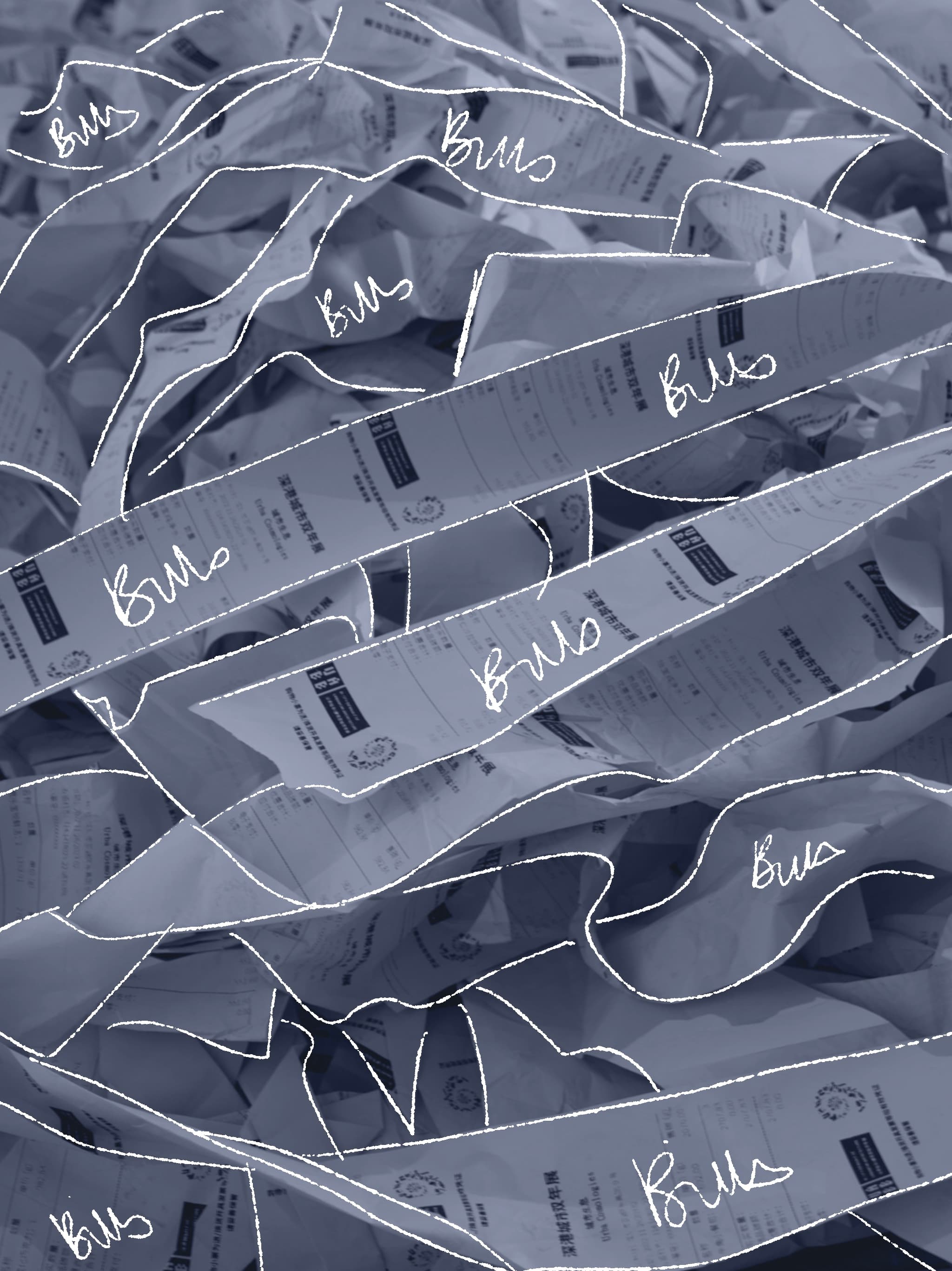 A deep pile of crumpled printed paper receipts, curled and overlapping so thickly that the floor beneath them disappears.