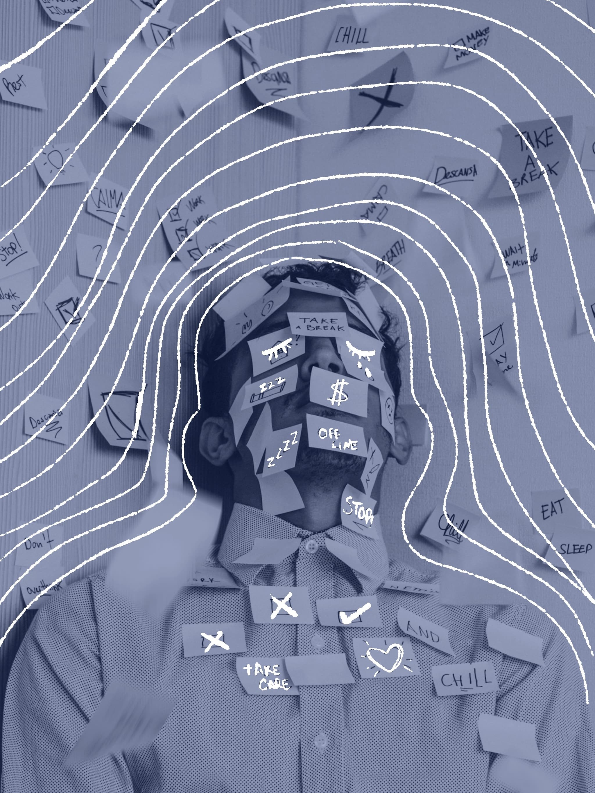 A person in a pale blue shirt against a wood-panelled wall, their face obscured by dozens of yellow and pale blue sticky notes bearing handwritten reminders like 'take a break', 'stop', 'chill' and 'don't overthink'.