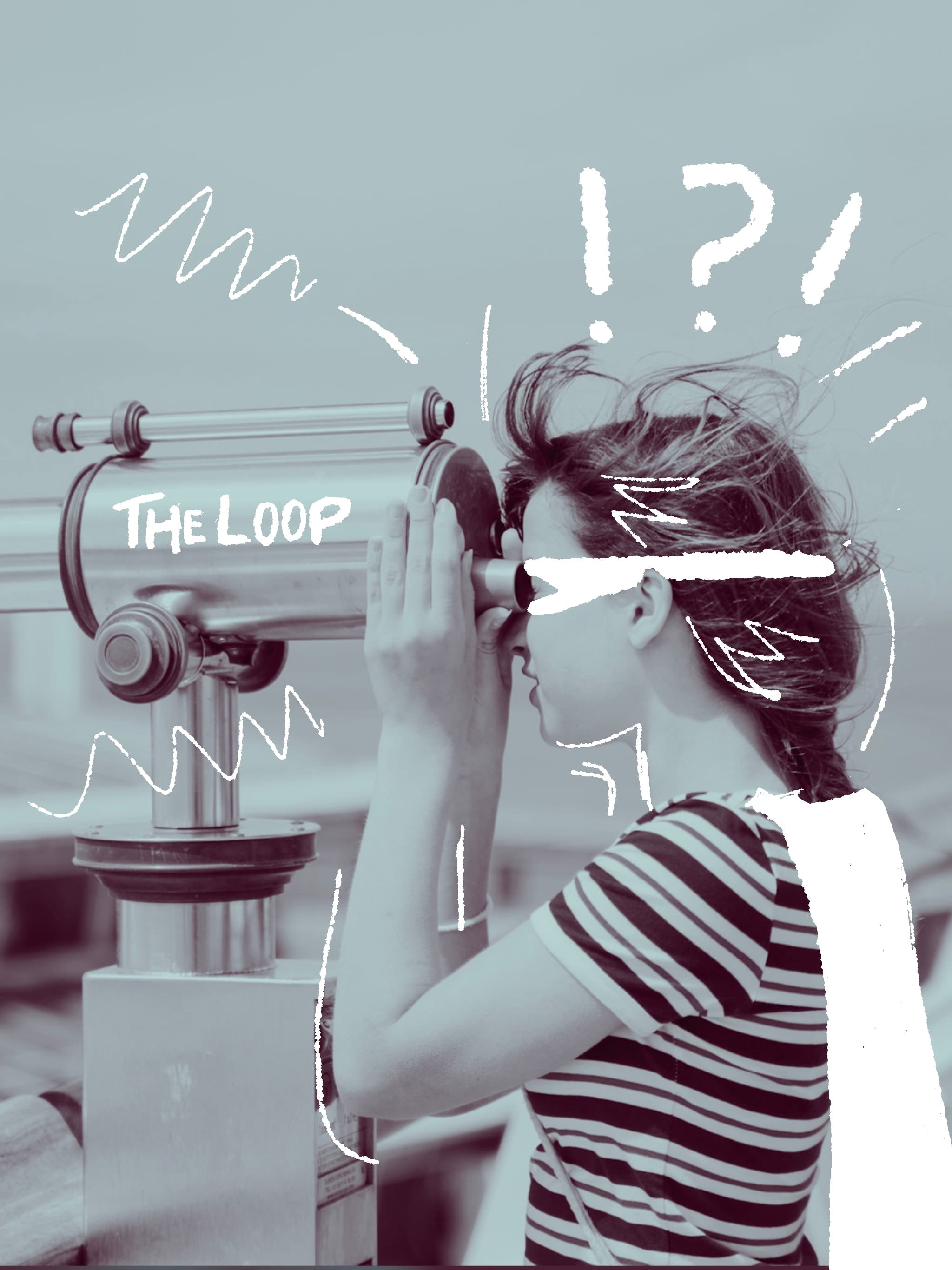 A child in a striped t-shirt leaning into a coin-operated seaside telescope, looking carefully through the eyepiece.