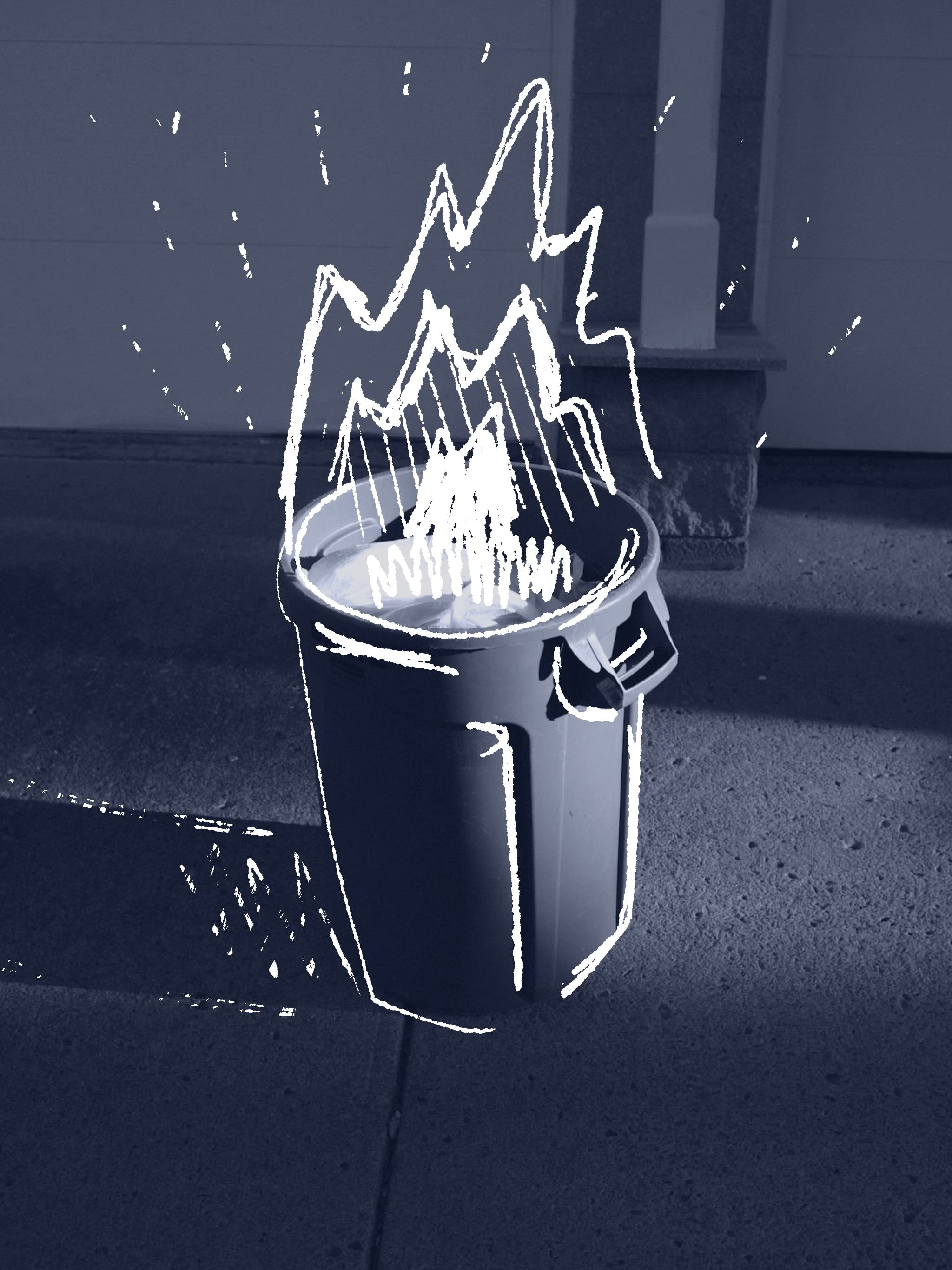 A large grey plastic bin on a sunlit pavement, a white bin bag spilling over the rim, a sharp shadow falling across the pale blue wall behind.