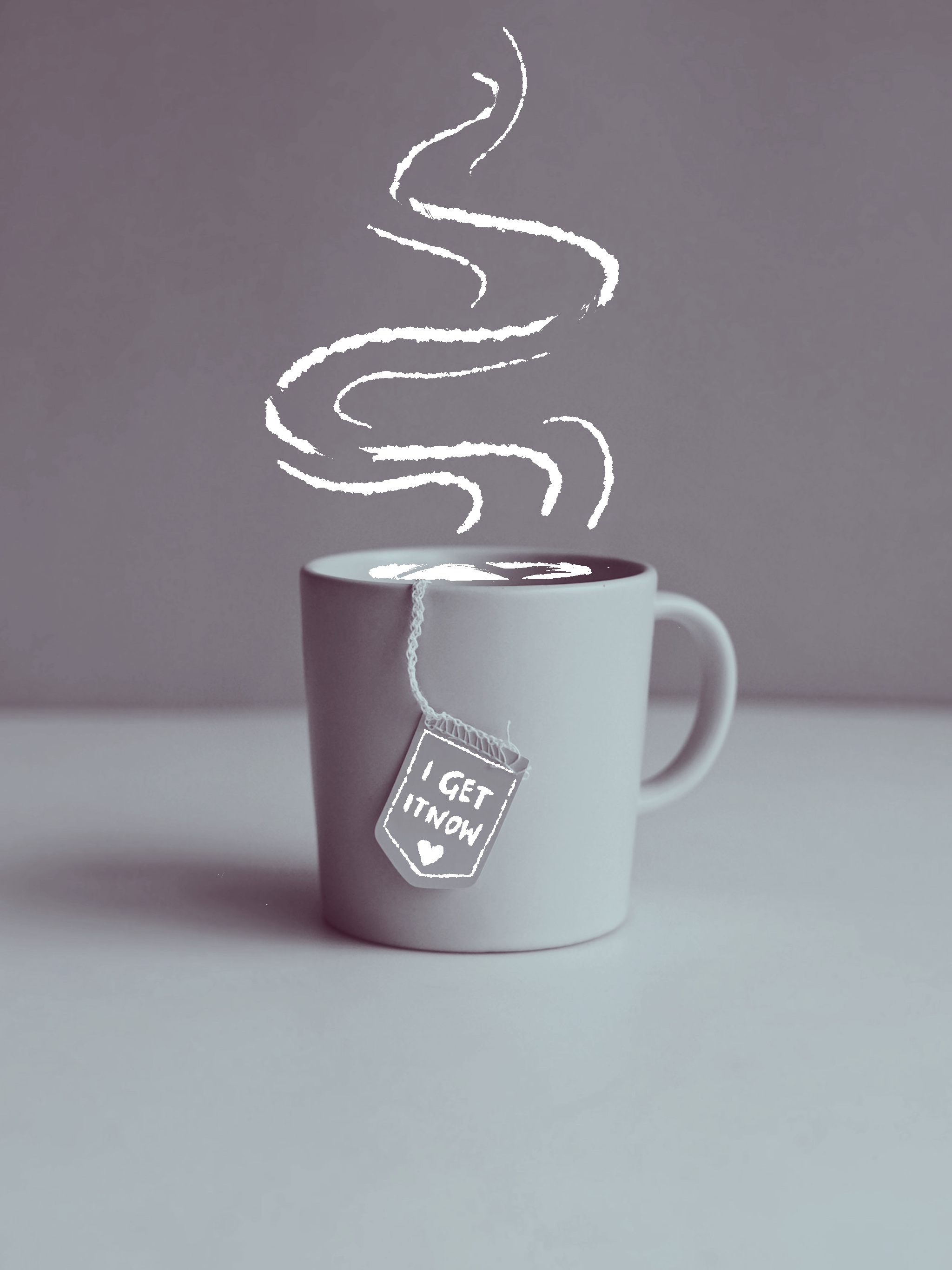 A pale blush ceramic mug set against a dusty blue backdrop, a yellow tea-bag tag hanging over the rim by its string, soft indirect light.