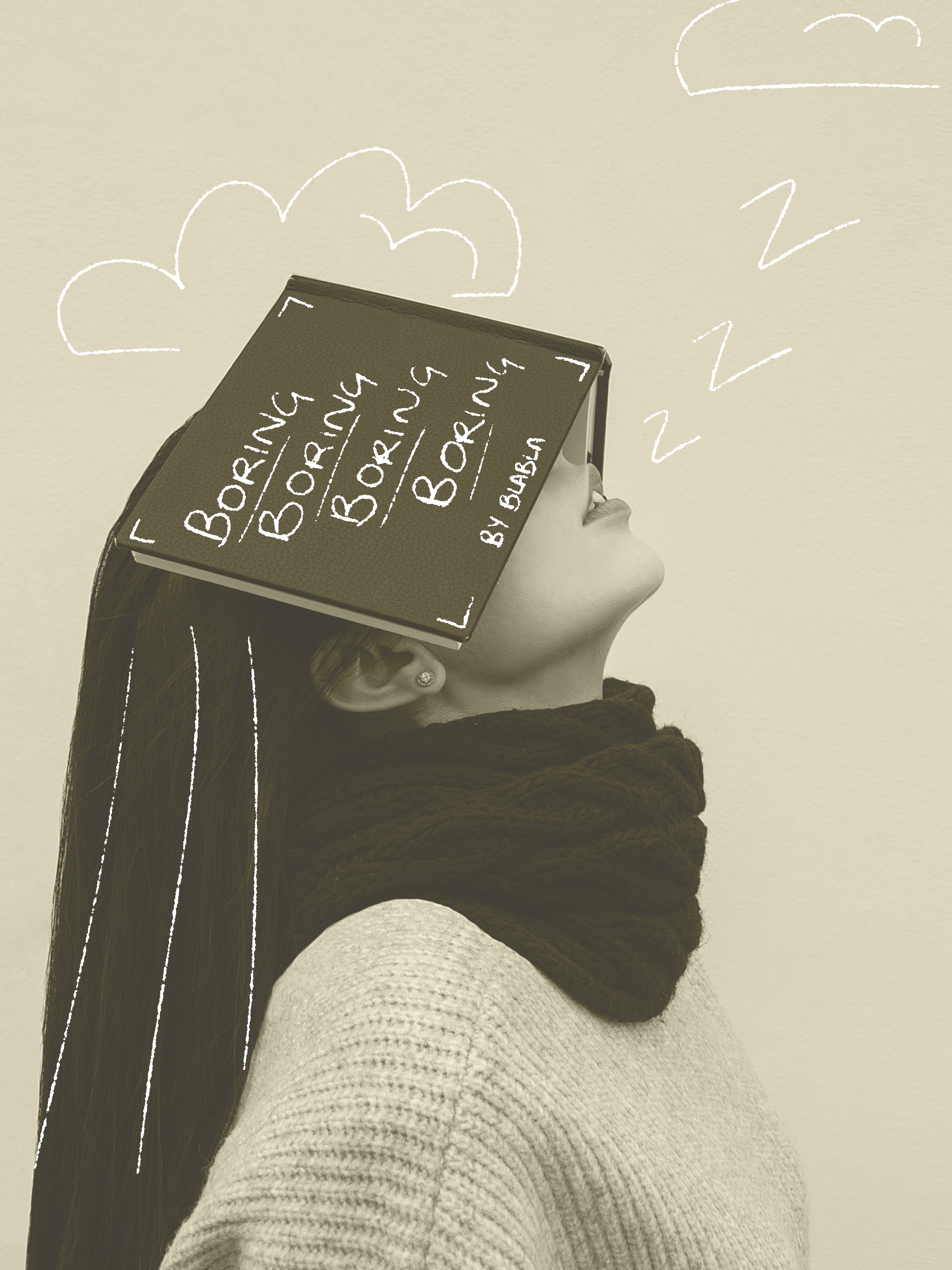A woman in a grey knit jumper and black scarf tilts her head back with a hardcover book resting face-down over her eyes.