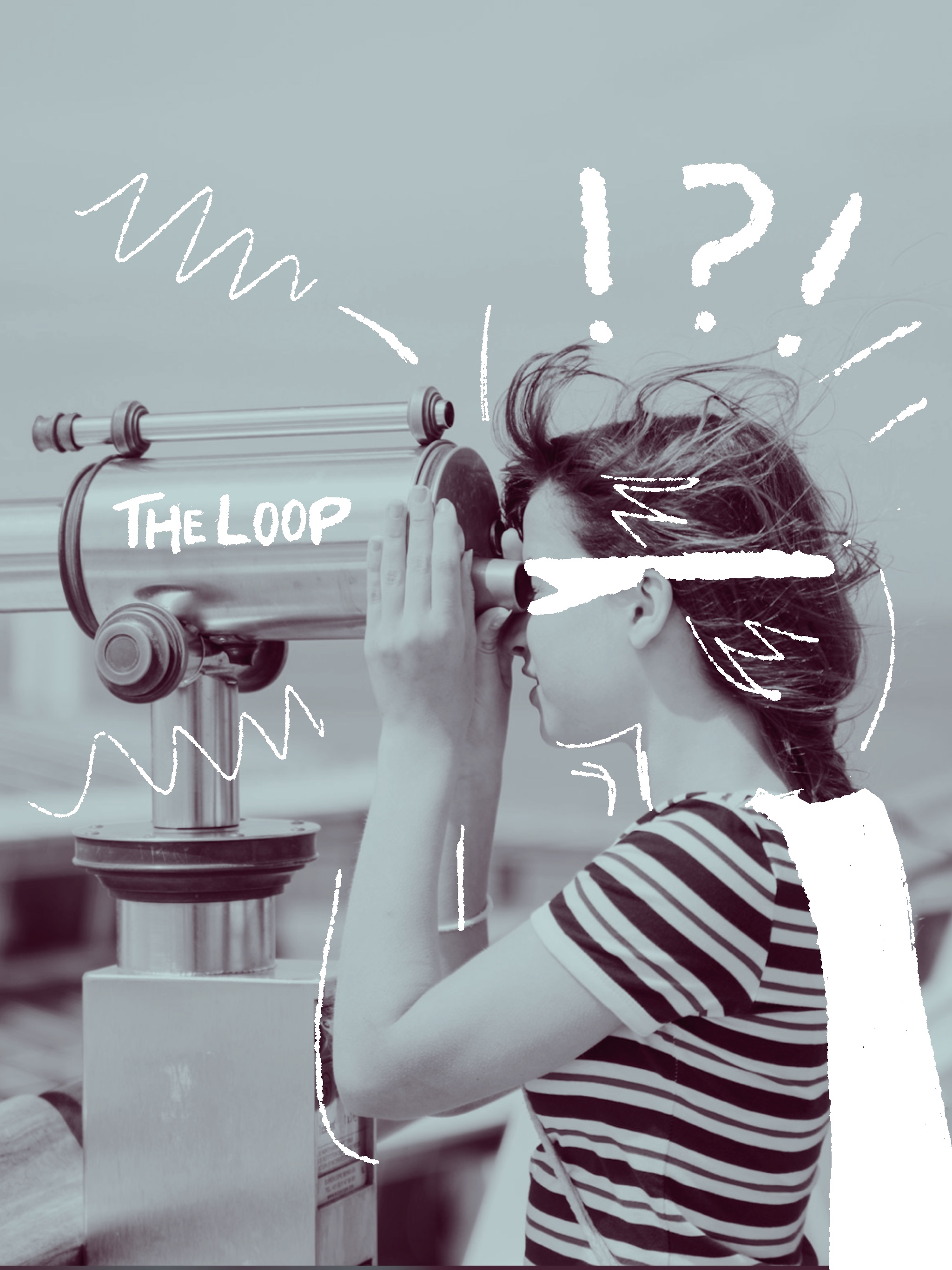 A child in a striped t-shirt leaning into a coin-operated seaside telescope, looking carefully through the eyepiece.